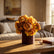 Centro de mesa con flores artificiales premium. Composición artesanal de peonías y dalias en tonos cálidos de otoño, decorando una mesa de madera en un salón elegante.