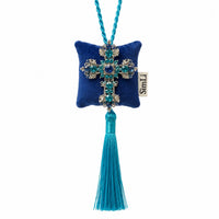 Colgante decorativo artesanal Cruz de Amalfi de terciopelo azul con cruz de cristales y borla turquesa de SimLi Atelier