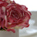 Primer plano de una rosa artificial con pétalos en tonos rosa intenso, rosa claro y crema